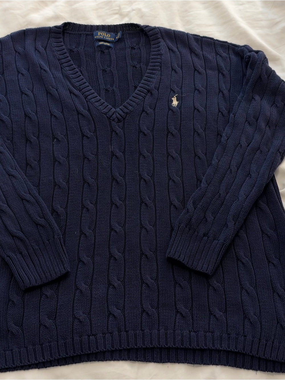 Polo by Ralph Lauren Navy Cable-Knit V-Neck Sweater with White Pony
